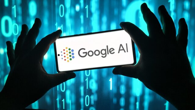 Person holding smartphone with google ai logo against binary code