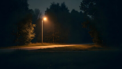 Illuminated pathway in a serene forest at night with a solitary streetlamp