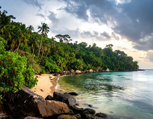 A scenic coastal view with lush tropical vegetation and cloudy skies