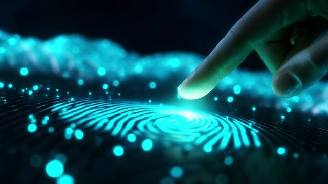 A mesmerizing display of technology and security, showcasing a glowing fingerprint being activated by a human touch, symbolizing the connection between biometric identification and digital innovation.