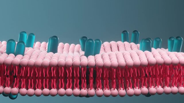 Cell membrane structure with embedded protein channels moving