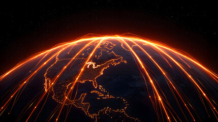 Global network connections illuminate Earth, showcasing vibrant data flow across continents
