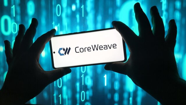 Coreweave logo on smartphone screen with binary code background