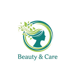 Obraz premium Organic Beauty and Care Logo with Woman Profile, Flowing Green Hair, and Leaves