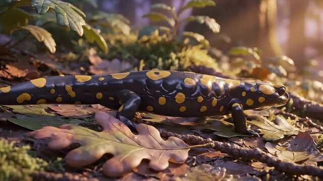Spotted salamander crawls on forest floor
