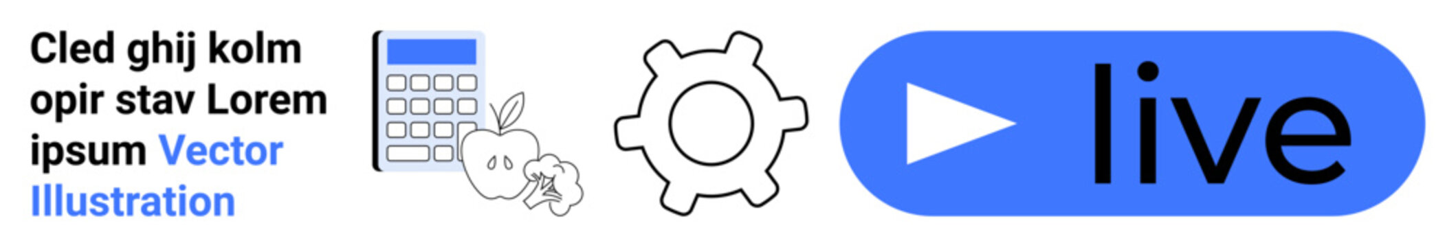 Education, technology, streaming services, online tools, live broadcasting, interactive learning. A blue live button, gear calculator and apple icons. Education and technology concept