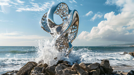 Abstract metal sculpture on rocky beach with crashing waves under a cloudy blue sky day light photo
