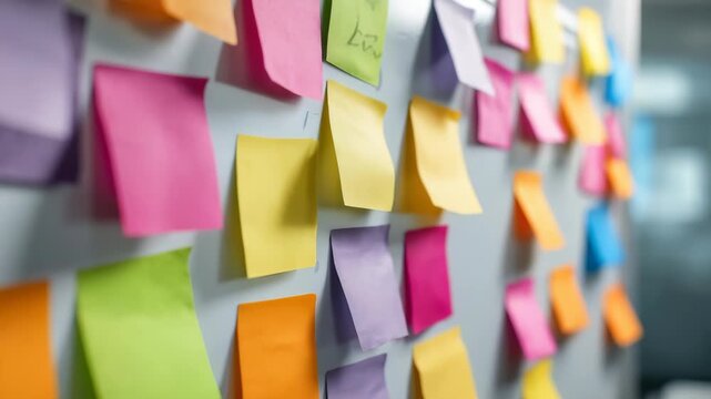 Colorful sticky notes are arranged on a whiteboard in a modern office environment, creating a vibrant and creative workspace. The blurred background suggests active brainstorming sessions