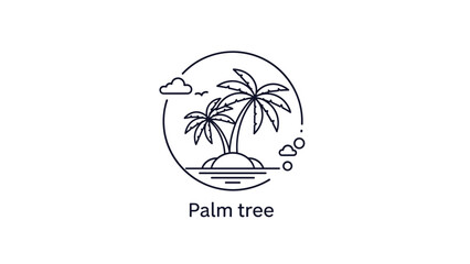 Fototapeta premium Minimalist line art illustration of two palm trees on a small tropical island with clouds and ocean waves.