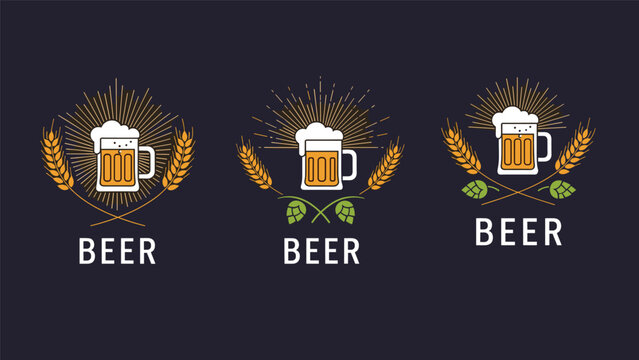 Trio of brewery logos featuring frothy beer mugs surrounded by golden wheat stalks and green hops on a dark background.