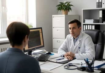 Doctor consulting male patient in medical office discussing test results diagnosis and treatment plan showing professional healthcare communication and clinical care indoors