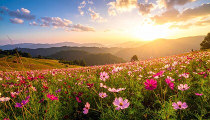 Obraz premium Vibrant red poppy flowers bloom in a mountain meadow under a breathtaking sunset sky, capturing the natural beauty of a spring landscape bathed in warm golden sunlight