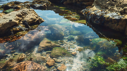 A tide pool filled with clear water and rocks surrounded by mossy rocks on a sunny day at the beach