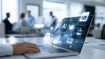 近代的なオフィスで展開されるAI（人工知能）のニューラルネットワークとデータ解析のコンセプトイメージ