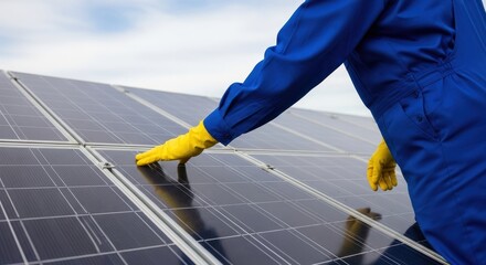 Worker in blue uniform and yellow gloves meticulously cleaning solar panels on a sunny day for energy investment maintenance