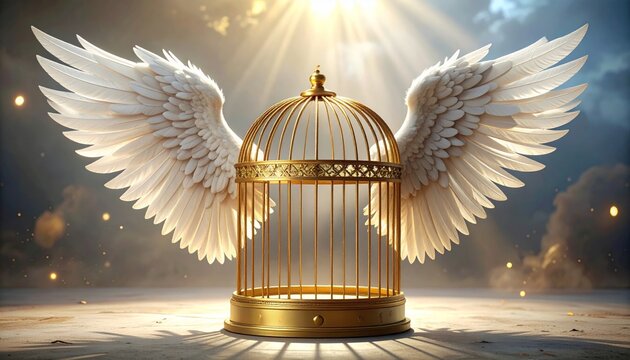 3D illustration of a vintage golden angel with wings flying by an open metal birdcage near a Christmas tree in a winter snow sky background as a symbol of freedom from a glass prison