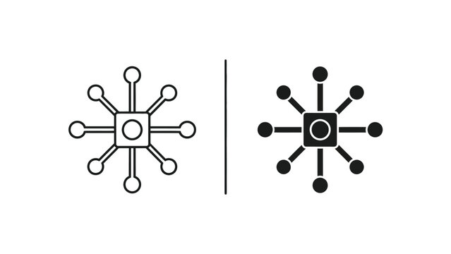 Black and white line art graphic of two identical network node icons with lines and circles on a plain white background
