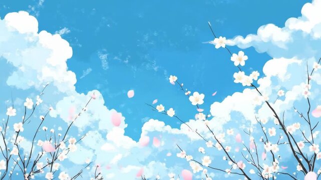 Cherry blossoms in springtime against a blue cloudy sky. Falling petals and flowering tree branches seasonal concept.