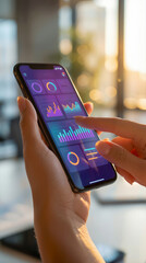 Female hands holding smartphone displaying financial analytics dashboard, mobile app interface with colorful charts and graphs, business woman analyzing data statistics, fintech technology concept.