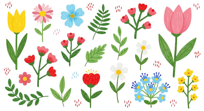 Vibrant collection of cheerful hand-drawn spring and summer flowers and leaves illustrations, perfect for decorative design elements