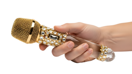 Child's Hand Holding Gold and Diamond Crystal Microphone isolated PNG with Transparent Background