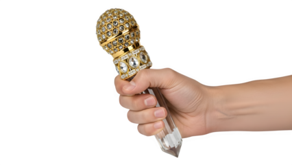Hand Holding Gold and Diamond Crystal Microphone Product Shot isolated PNG with Transparent Background