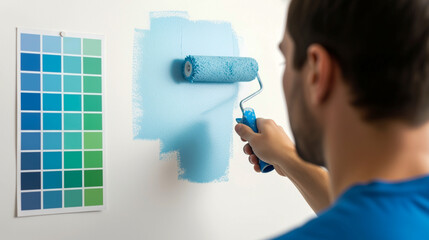 Man Painting Wall with Roller and Color Palette