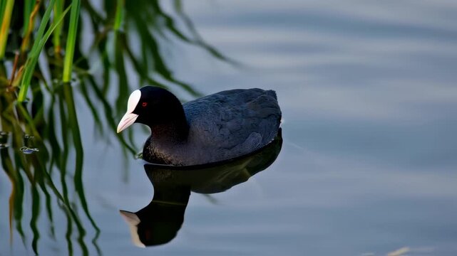 A dark coot swims on tranquil water, reflected. Green reeds frame the scene