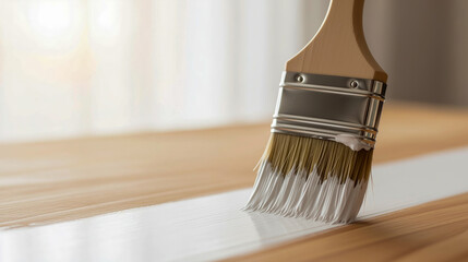 Paintbrush Applying White Paint on Wooden Surface