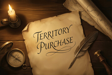Vintage parchment with Territory Purchase text, quill, compass and map on wooden desk, concept of buying Greenland, historical land acquisition, diplomatic agreement, geopolitics.