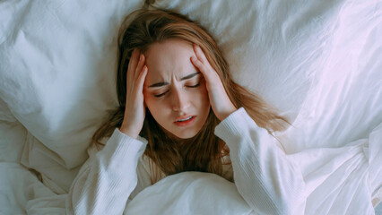 Young Woman with Migraine Lying in Bed