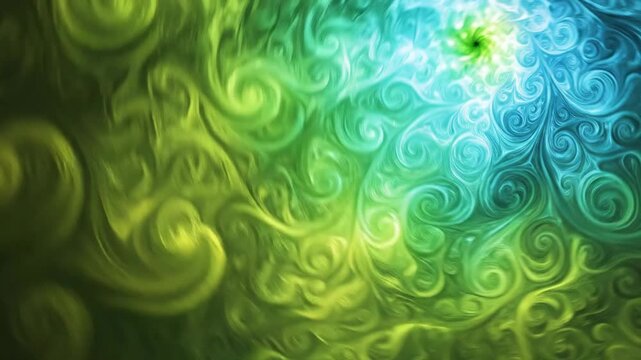 Evolving abstract fluid pattern with blue and green swirls morphing into a bright central light source, dynamic motion simulation concept