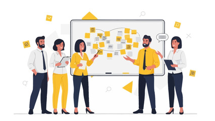 Team Collaboration and Brainstorming Session with Sticky Notes on Whiteboard