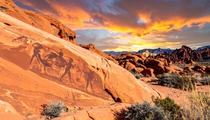 Ancient drawings on red rock with sunset and dramatic clouds