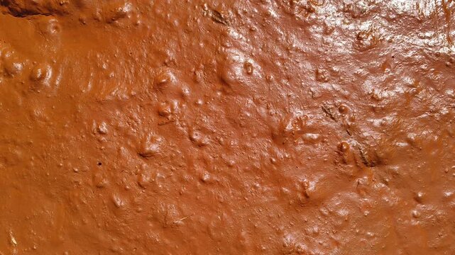 Closeup of wet and soft red colour mud, dirt or clay texture pattern on earth ground surface background with copy space. Moisture muddy and dirty land terrain on monsoon season.