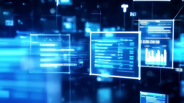 Futuristic glowing blue data displays floating in a dark, abstract digital landscape
