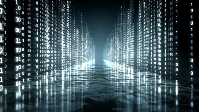 Glowing binary code flows through a futuristic digital tunnel with bright lights and reflections on the floor.