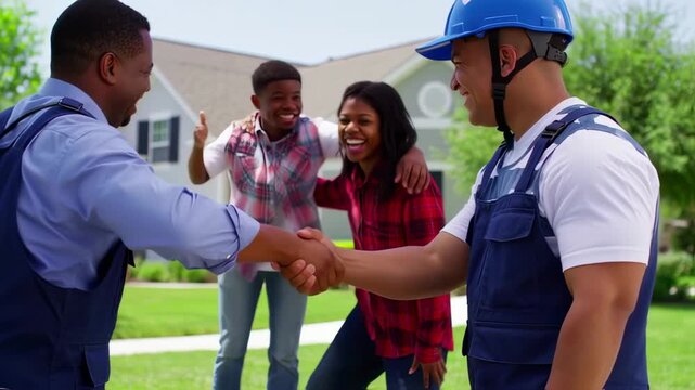 Two men shake hands with a couple smiling in background, construction worker smiles, a home is shown
