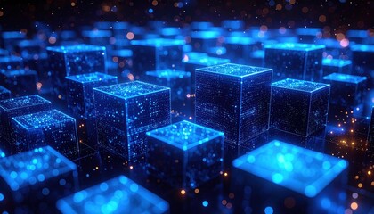 Abstract blue cubes with glowing particles create a futuristic landscape.