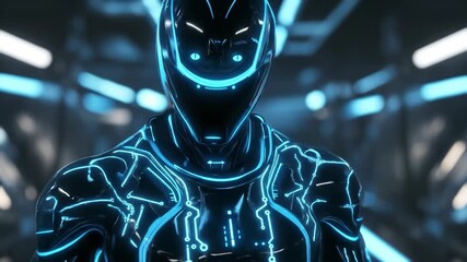 Man in futuristic black suit with blue glowing circuits, digital sci fi world, technology and virtual reality concept