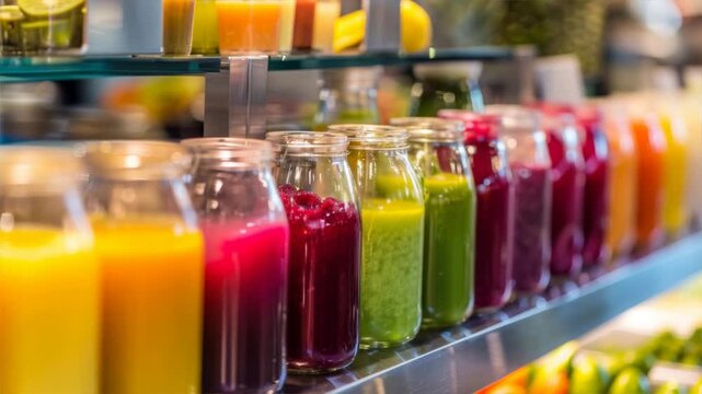 A colorful display of fresh juices in glass bottles at a vibrant juice bar.