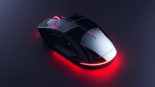 Glowing computer mouse rotating on black surface. Futuristic device with red and pink illumination. Modern technology concept.