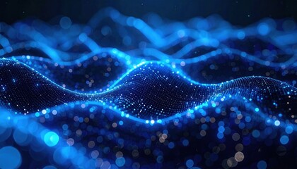 Naklejka premium Abstract Blue Wavy Data Visualization with Glowing Particles.