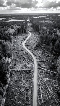 Black and white aerial view of a road through a deforested area