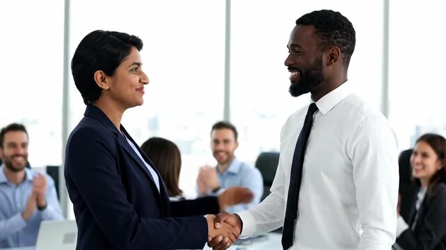 Two Diverse Business Professionals Shake Hands, While Colleagues Look on in a Meeting.