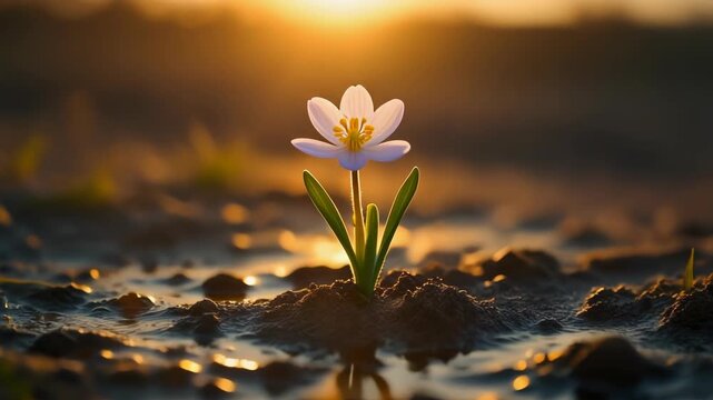 A lone white crocus flower emerges from the soil, bathed in the warm golden light of a rising sun, symbolizing hope and new beginnings