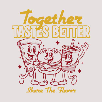  A cartoon retro-style illustration featuring a classic burger, pizza and soda combo, perfect for T-shirt printing and vintage-themed merchandise