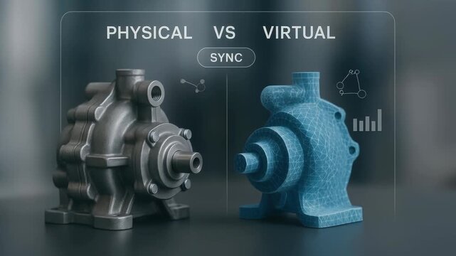 Next gen engineering solution simulation digital twin concept for industrial pump physical model versus virtual prototype sync comparison with