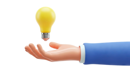 3D Cartoon Hand Offering a Yellow Light Bulb