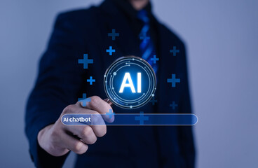 Businessman using futuristic AI chatbot interface, touching virtual search bar with glowing digital particles, representing artificial intelligence, automation, customer  modern business 